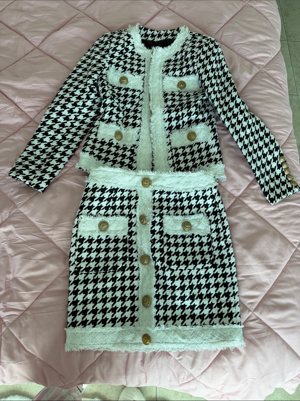 Elegant Black & White Houndstooth Skirt Set with Gold Buttons